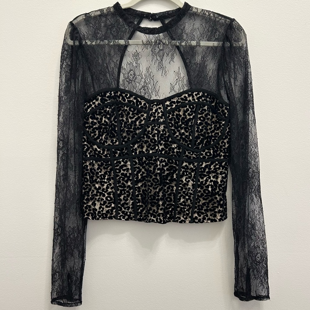 Free People Black Lace Leopard Mesh Long-Sleeve Bodysuit - Picture 2 of 16